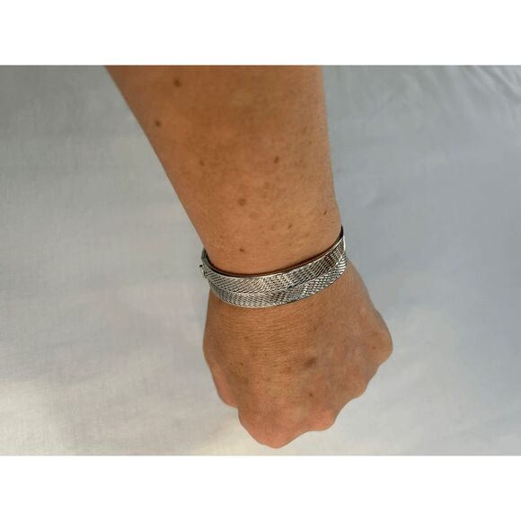 Vintage Silver Textured Cuff Bracelet, Snap Closure, Unique, Retro, - Picture 2 of 5